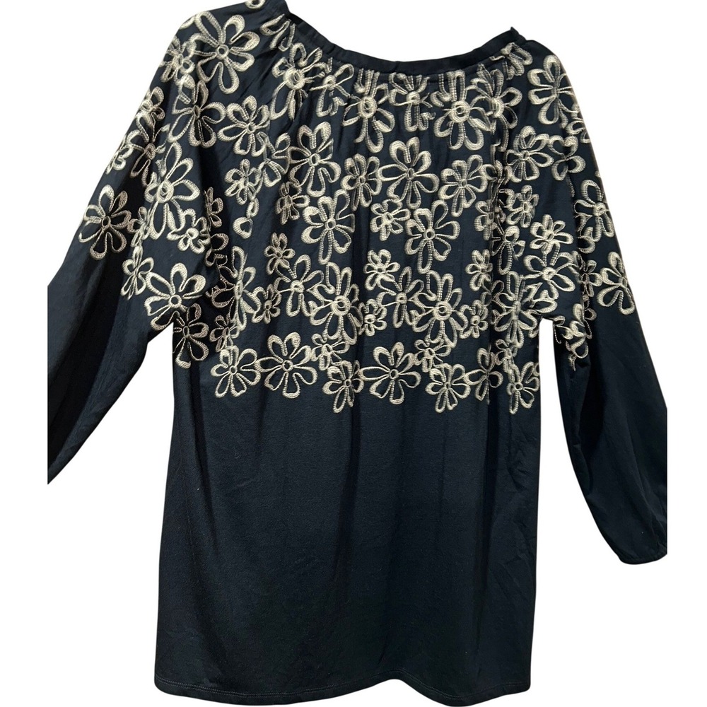 J. Jill Womens Black Embroidered Floral Long Sleeve Button Front Top Small - Picture 4 of 5